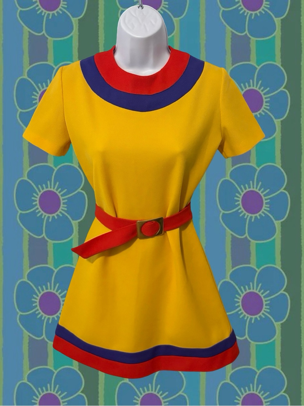Vintage Yellow Mini Dress with Red & Purple Trim